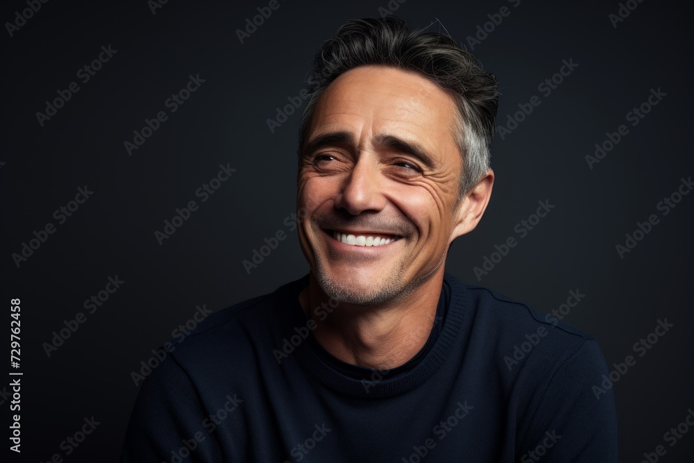 Portrait of a handsome middle-aged man laughing against a dark background. Portrait of a handsome middle-aged man laughing against a dark background.
