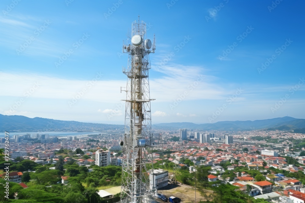 Fototapeta premium A towering industrial antenna standing tall against a backdrop of a clear blue sky, surrounded by lush greenery and distant cityscape