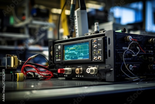 A close-up view of a modern transponder in an industrial setting, with intricate machinery and a complex network of wires in the background © aicandy