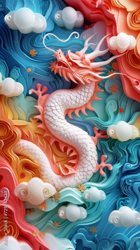 Chinese Lunar Asian New Year Dragon Paper Cut Phone Wallpaper Background Illustration