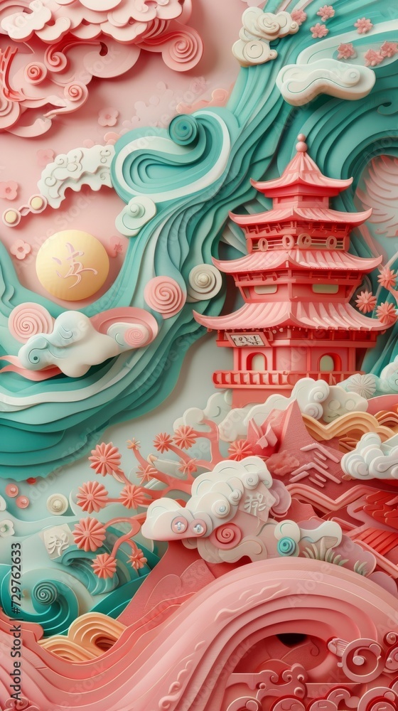 Obraz premium Chinese Lunar Asian New Year Dragon Paper Cut Phone Wallpaper Background Illustration