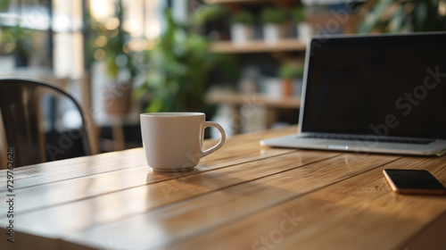 A coffee cup with laptop on a table in the cafe blurred background.