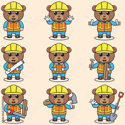 Cute Bear Construction Contractor Illustration. Vector illustration of a cute building foreman Bear. Cute Bear construction worker cartoon. Flat Cartoon Style.