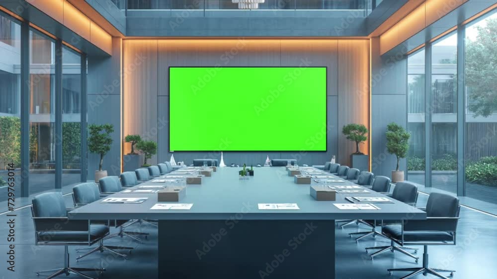 Meeting Room with Wall Big chroma key green screen TV mockup in office animation looping video background Meeting Room with Wall Big chroma key green screen TV mockup in office animation looping video background