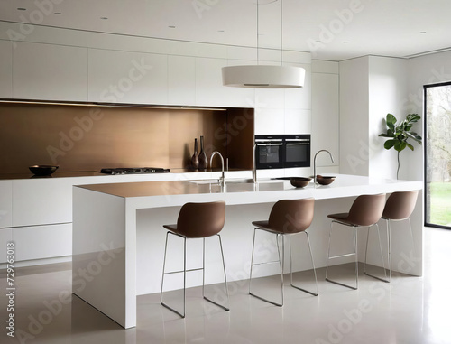 Minimalistic Kitchen Interior with Sculptural Furniture and Reflective Surfaces Gen AI photo