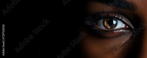 close up of a woman eye on black background