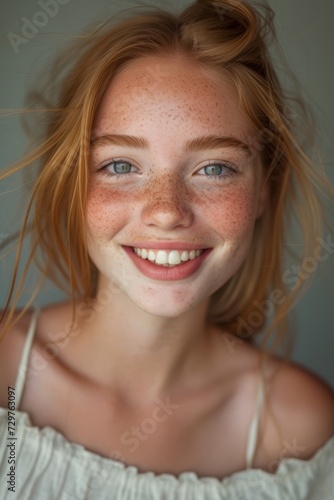 Beautiful freckled girl, smiling, in the studio