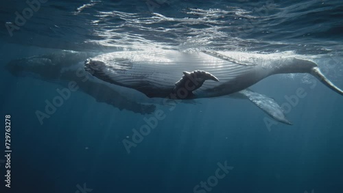 Underbelly of Humpback whale calf with mother behind swimming in slow motion photo