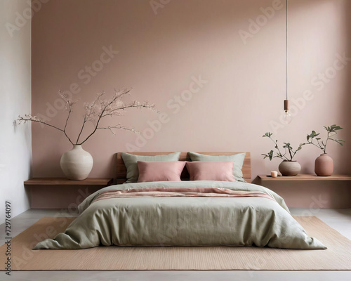 Harmonious Minimalist Interior - Serene Kitchen and Bedroom with Japanese Wabi-Sabi and Scandinavian Influence Gen AI photo