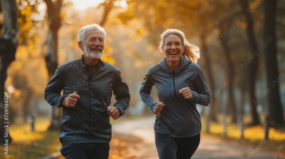sweet and happy senior couple jogging for exercise together. sweet and happy senior couple jogging for exercise together.