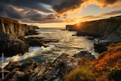 sunset over an Irish Cove by the sea