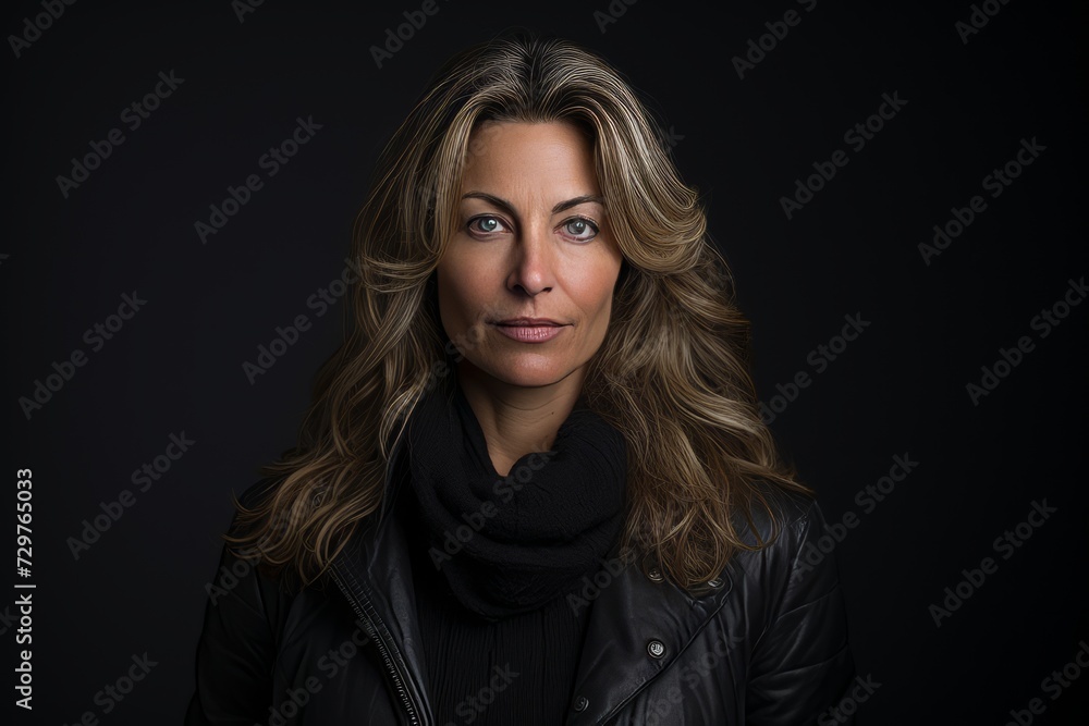 Portrait of a beautiful woman in a black leather jacket on a dark background Portrait of a beautiful woman in a black leather jacket on a dark background