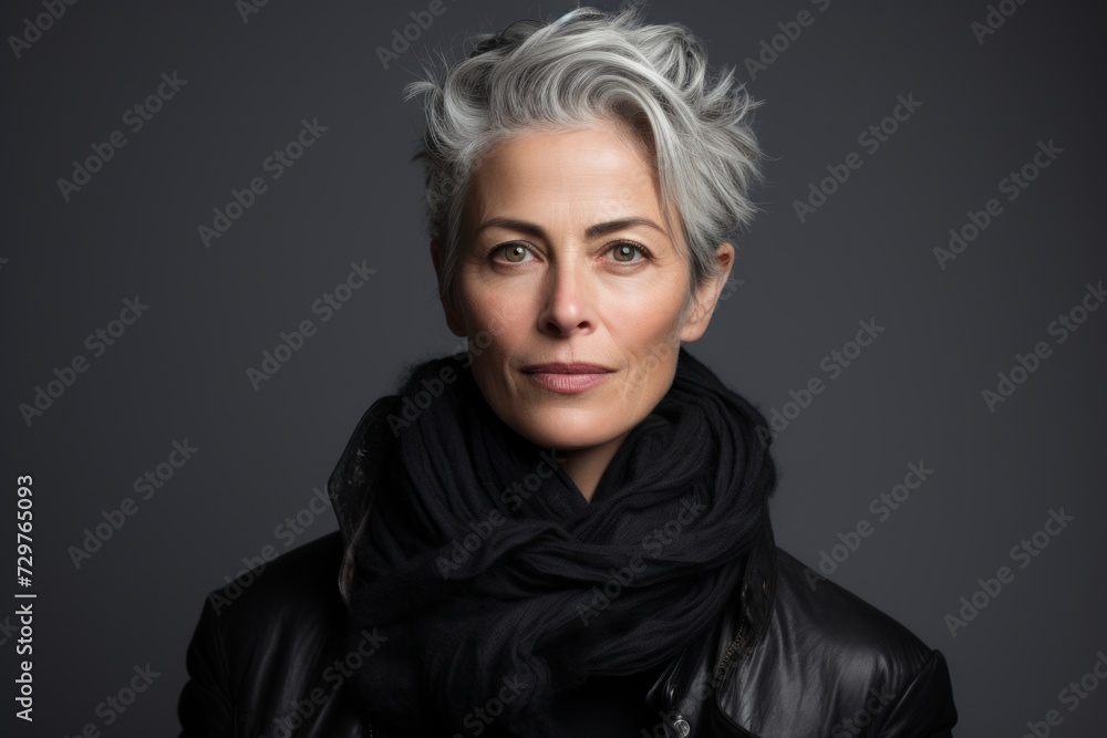 Portrait of a middle-aged woman with grey hair wearing a black leather jacket.