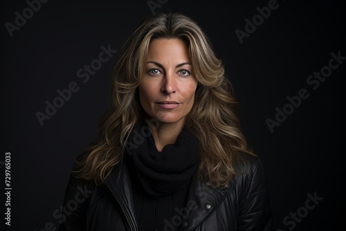 Portrait of a beautiful woman in a black leather jacket on a dark background