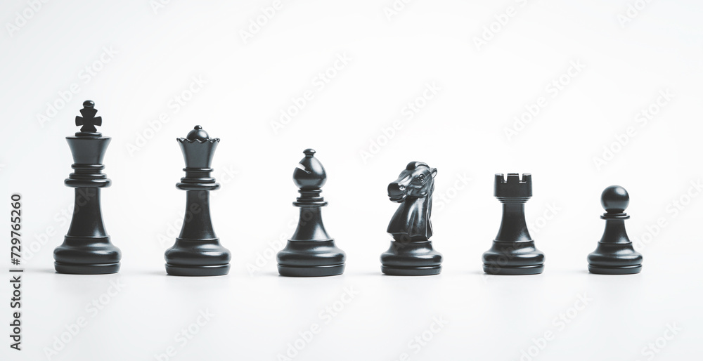 Isolated of black chess include king queen horse ship and pawn on white background. Isolated of black chess include king queen horse ship and pawn on white background.