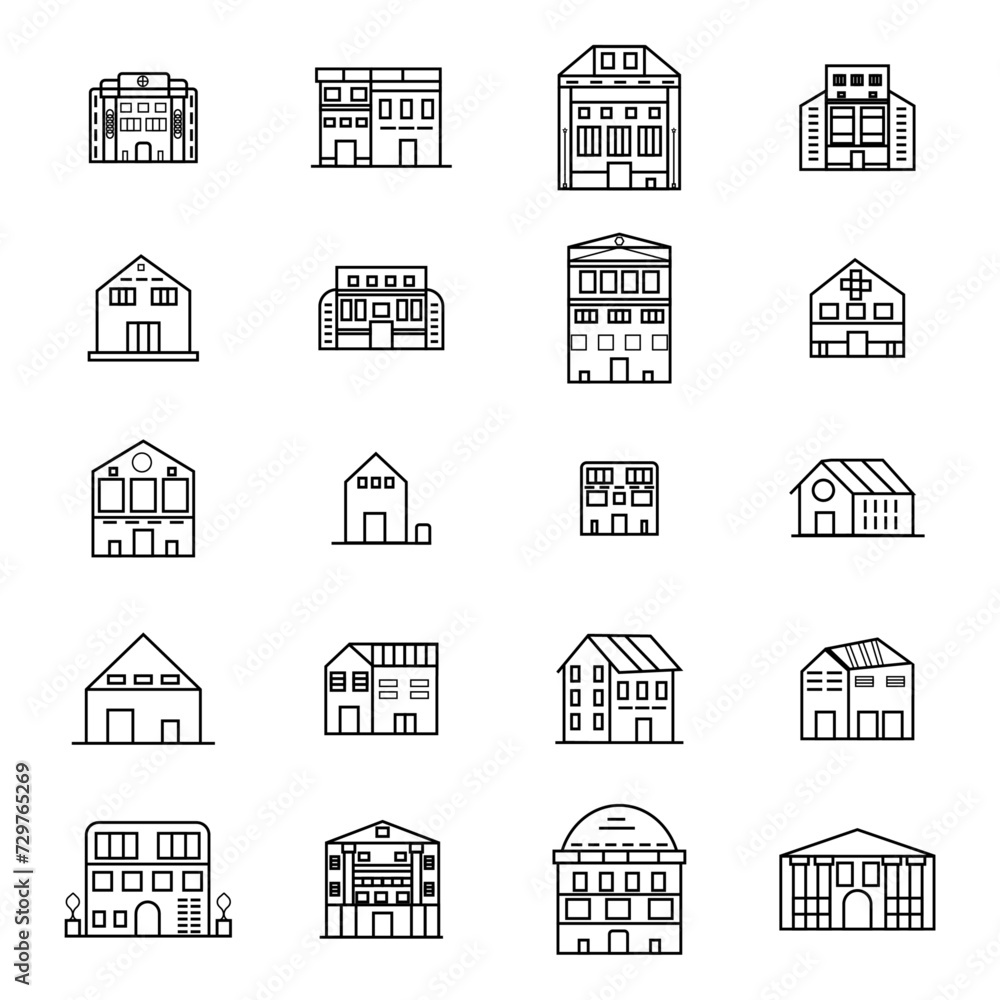 Fototapeta premium PrintBuildings line icon set. Bank, school, courthouse, university, library. Architecture concept. Can be used for topics like office, city, real estate