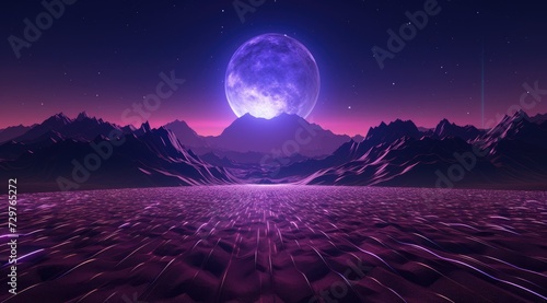 Futuristic purple neon light landscape background mixed with retro in classic colors.