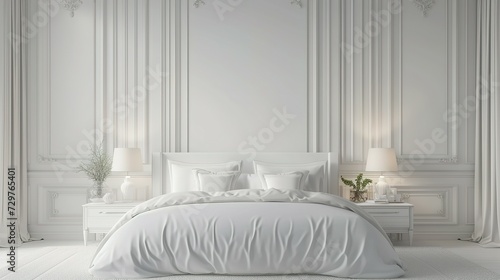White luxury bedroom interior, wall mockup, 3d render photo