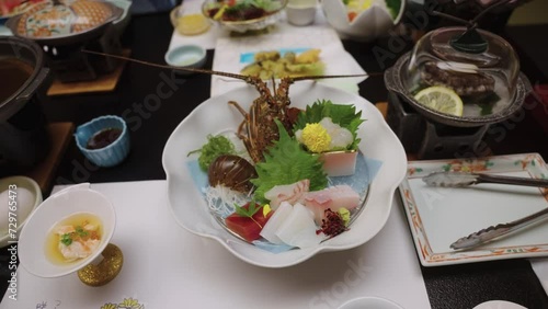 Gourmet Japanese Kaiseki Course Meal, Raw Fish and Lobsters 4k photo