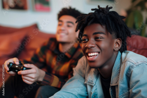 black brown young men playing video game smiling joystick in hands teenagers friends friendship happy complicity sofa in a living room having fun wearing casual shirts denim dreadlocks cheerful upbeat