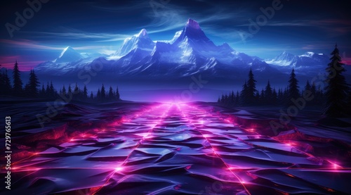 Futuristic purple neon light landscape background mixed with retro in classic colors.