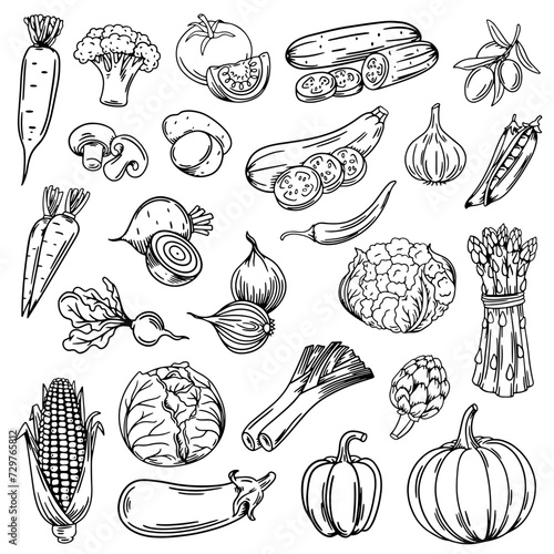 Vegetable seamless pattern. Set with vegetables. Background illustration with vegetables.