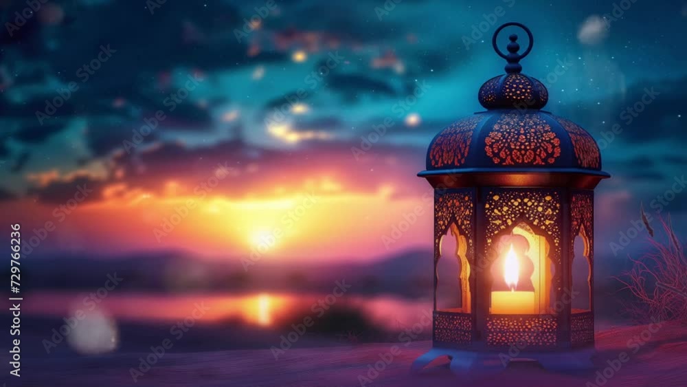 Arabic Lantern With Burning Candle Glowing animation looping video style with evening beautiful background Arabic Lantern With Burning Candle Glowing animation looping video style with evening beautiful background