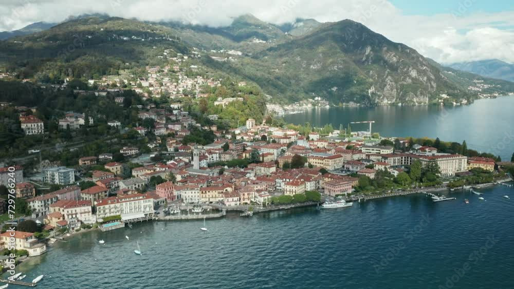 AERIAL: Wide Shot of Menaggio Village in lake Como AERIAL: Wide Shot of Menaggio Village in lake Como