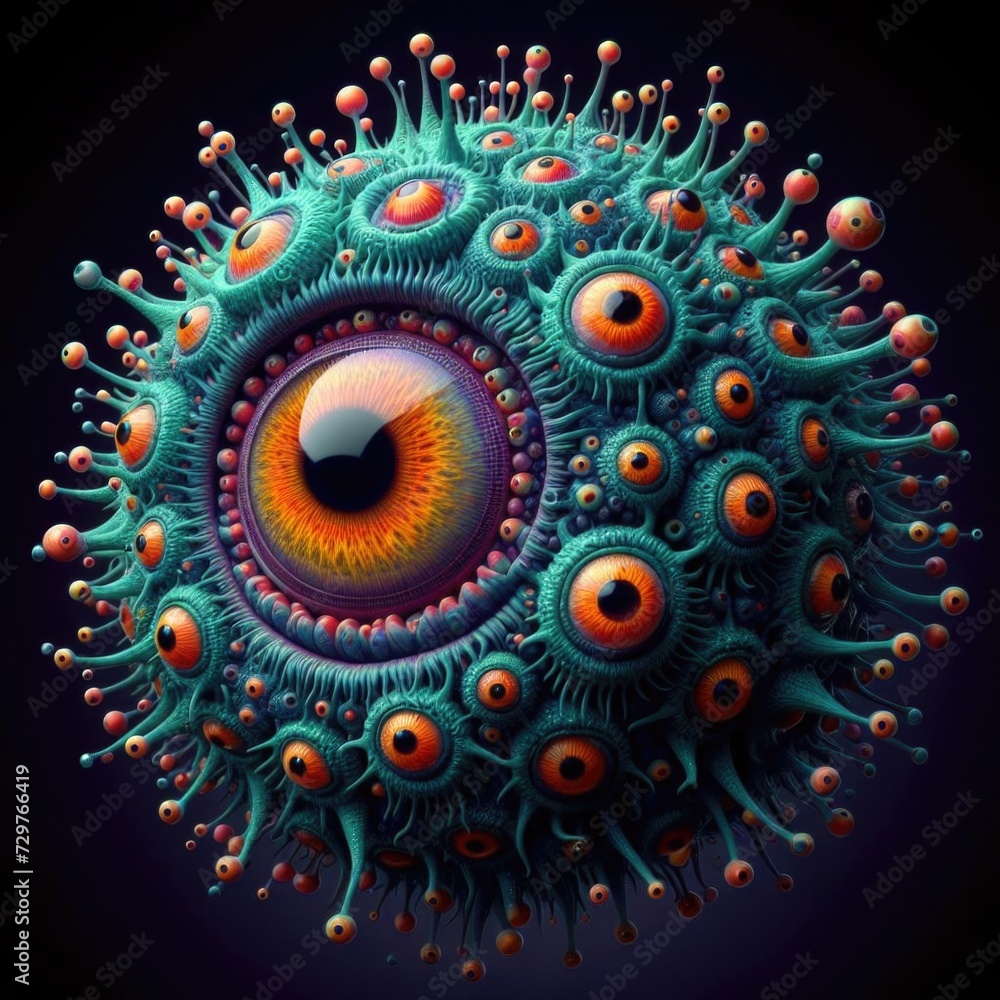 A fantastical and colorful creature against a dark background. The creature appears spherical with numerous eye-like structures of varying sizes covering its surface A fantastical and colorful creature against a dark background. The creature appears spherical with numerous eye-like structures of varying sizes covering its surface