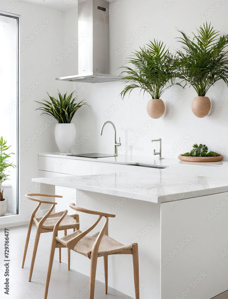 Elegant Minimalist Kitchen - Architectural Details and Indoor Plants Gen AI