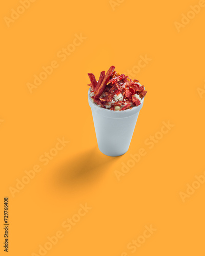 Corn Preparation in a Cup, Esquite, Mexican Snack, Street Food, Spicy, Chamoy, Chili Powder, trolelote, Minimalist orange Background