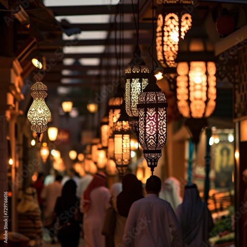 Medina Street Adorned with Arabic Lanterns: Bustling Life During Ramadan Nights