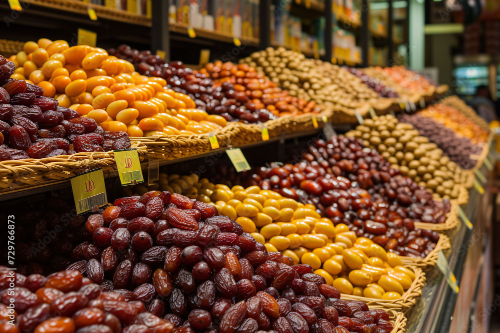 Piles of Dates on Display: Fresh and Plentiful Selection at Your Supermarket