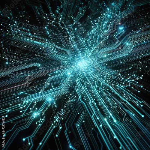 A futuristic image depicting the flow of information through complex circuit lines, with a focal point of origin and an outward spread, set against a dark background