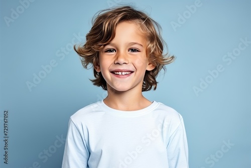 Portrait of a cute little boy with curly hair over blue background