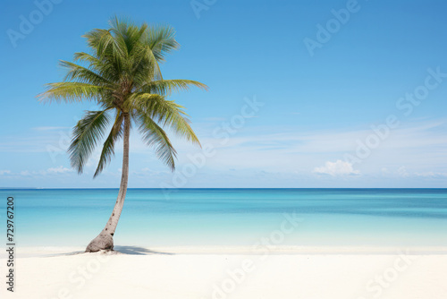 A lone palm tree stands on a pristine white sand beach against a backdrop of tranquil blue waters, AI Generative. © Alisa