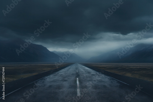 A desolate road stretching into stormy horizons, evoking solitude AI Generative. © Alisa