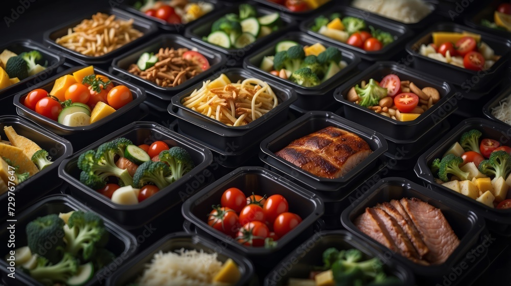 Assorted Food in Black Takeout Containers. Assorted Food in Black Takeout Containers.
