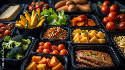 Assorted Food in Black Takeout Containers. photo