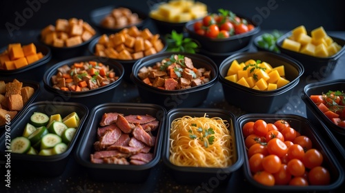 Assorted Delicacies in Black Plastic Containers.