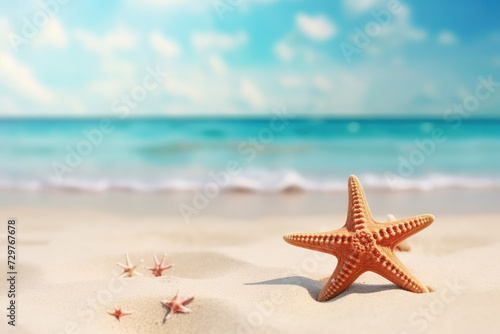 Pristine tropical beach with a starfish on golden sand. AI Generative.