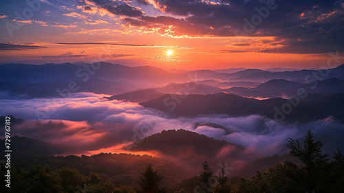 Breathtaking sunrise over the misty Smoky Mountains. AI Generative.