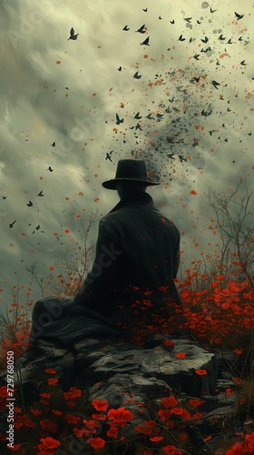 man sitting rock field flowers wearing black overcoat fractal human silhouette avatar emotional expressive particles promotional sorrow unconnected eternal hat indigo photo