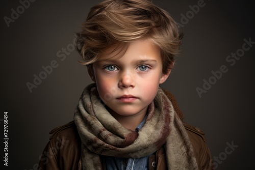 Portrait of a cute little boy in warm clothes and scarf. Studio shot. © Chacmool