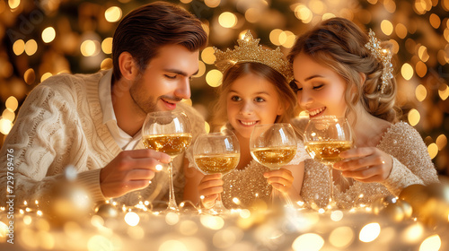 family with sparkling crowns enjoys a festive holiday moment, toasting with glasses of golden wine amidst a backdrop of twinkling lights and warm golden ambiance