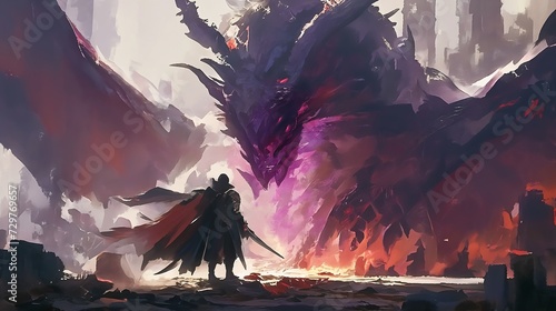 batman dragon standing front giant red purple palette encounter powerful shadows brandishing sword last moment overlays