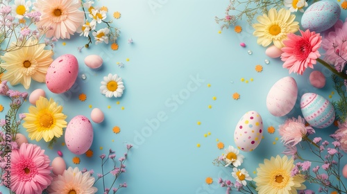 closeup blue background flowers eggs holding easter non binary model golden bountiful crafts opening shining portal well list garnishment photo