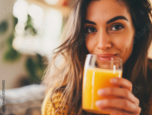 closeup of a beautiful woman drinking orange juice at home