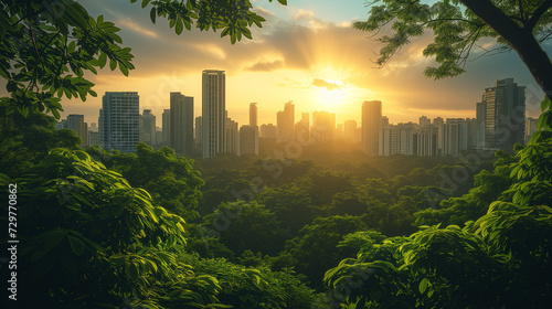 The setting sun casts a golden glow over a cityscape embraced by a lush canopy of trees  exemplifying a balance between urban development and natural landscapes.