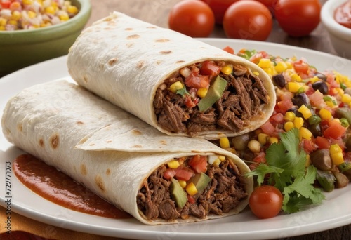 A Mexican-style beef and vegetable burrito with a side of salsa